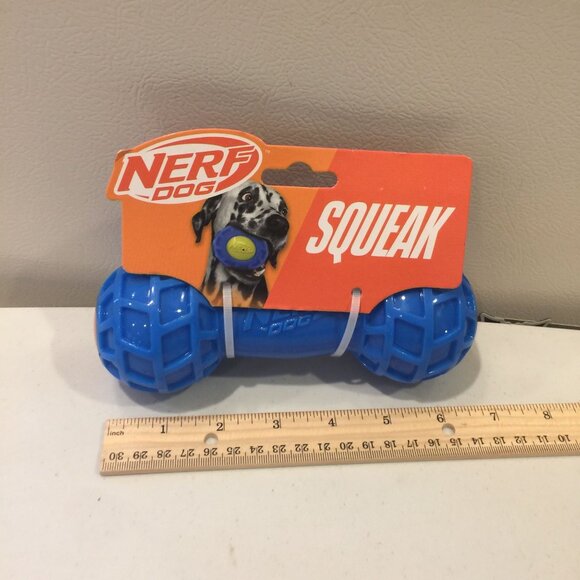 NERF DOG Blue Orange Squeak 6 1/2" Barbell Dog Toy - Picture 4 of 4